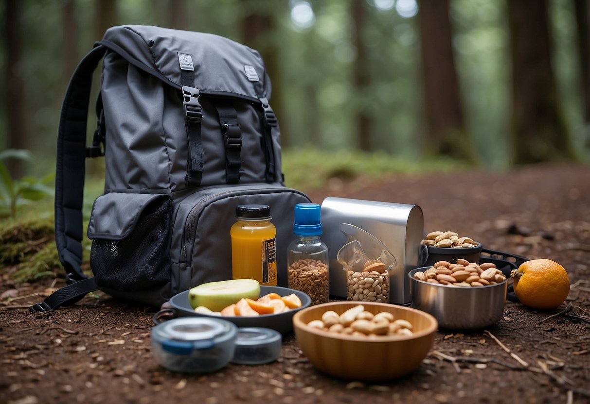 A backpack sits open on the ground, surrounded by a variety of trail-friendly foods such as nuts, dried fruits, energy bars, and packaged snacks. A water bottle and small stove are also visible, ready for a quick and easy trail lunch