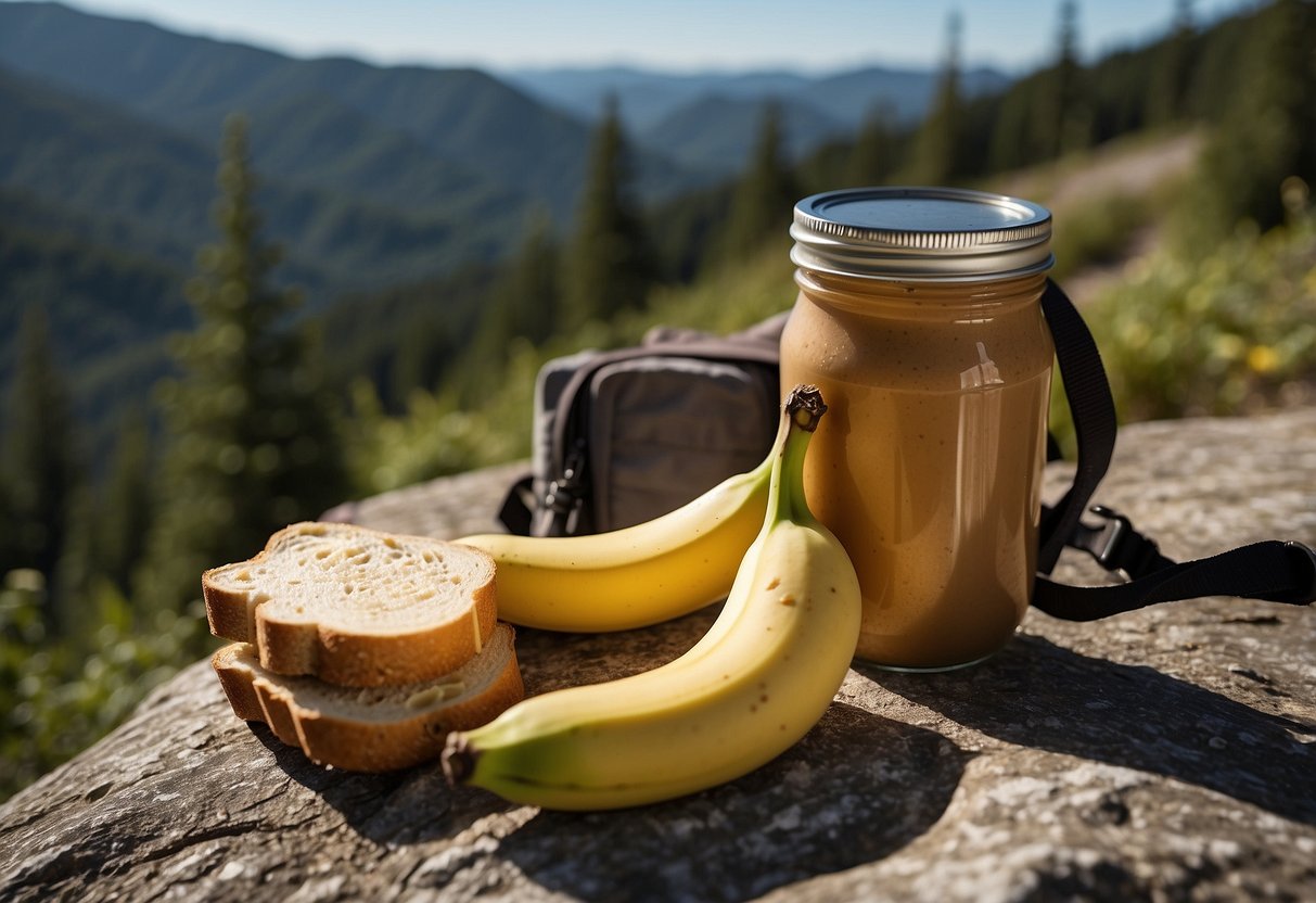 A peanut butter and banana sandwich sits on a trailside rock, surrounded by a backpack and hiking gear. The sun shines down on the picturesque wilderness scene