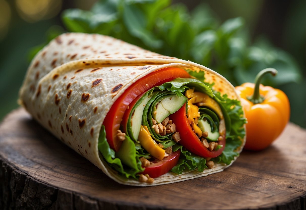 A colorful veggie wrap with hummus, lettuce, tomatoes, and bell peppers, neatly wrapped in a tortilla. A backpack and hiking trail in the background