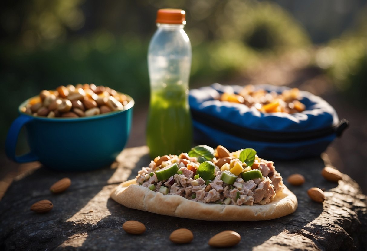 A pita pocket filled with tuna salad, surrounded by nuts, dried fruit, and a water bottle. A backpack and hiking boots sit nearby