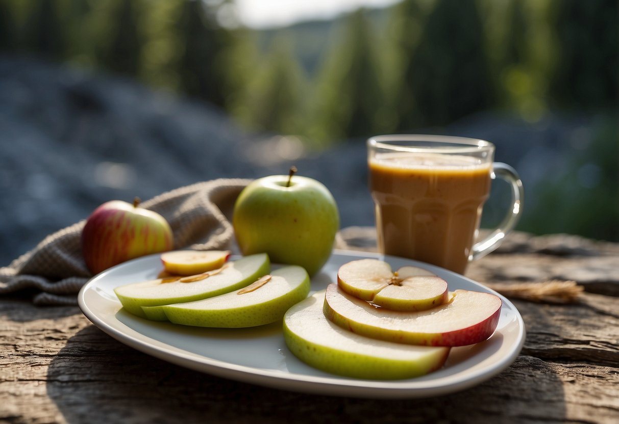 A plate with apple slices and a dollop of almond butter, surrounded by a backpack and hiking gear