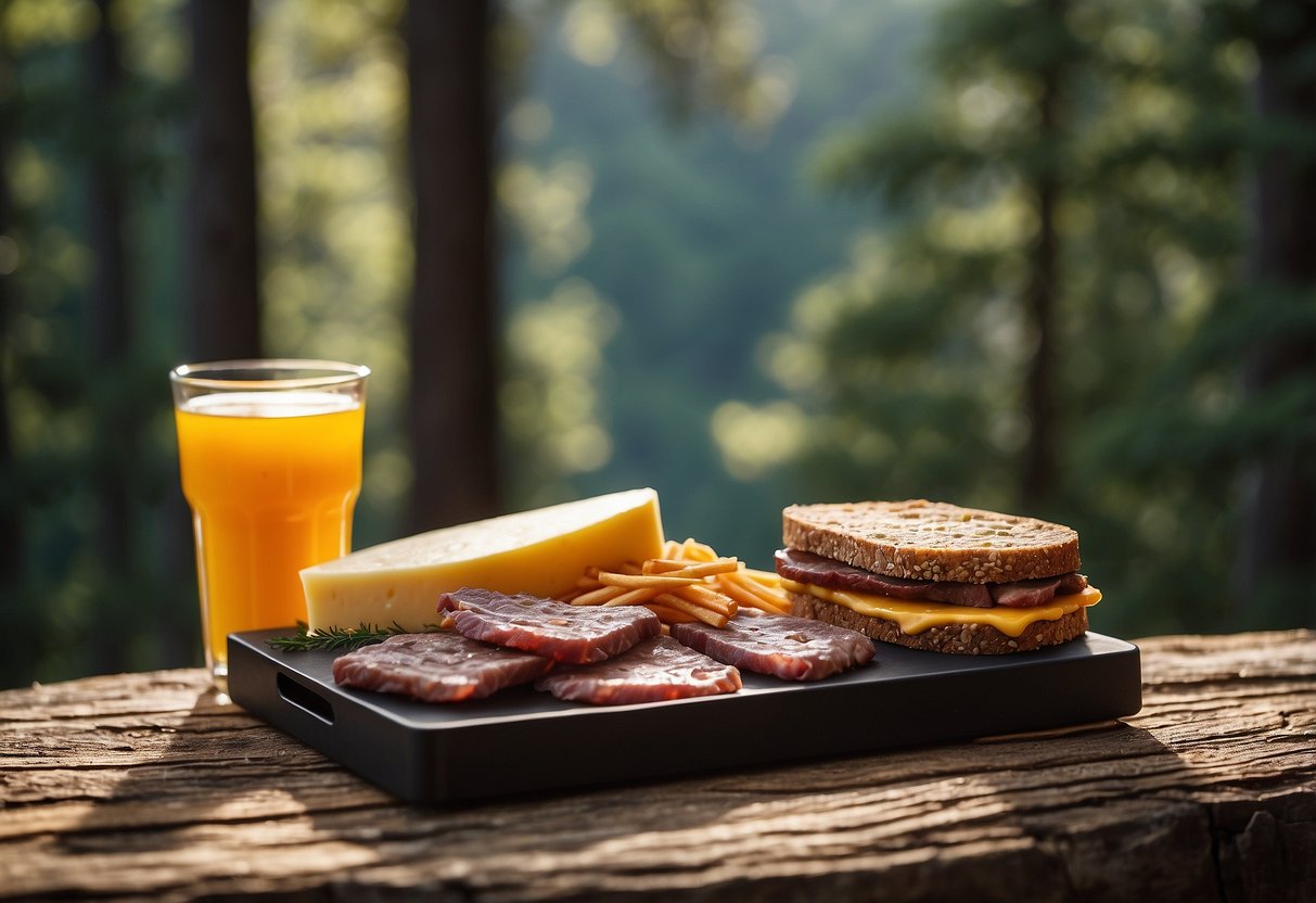 A backpacking lunch scene: Beef jerky and cheese sticks laid out on a flat rock, surrounded by a backdrop of towering trees and a winding trail