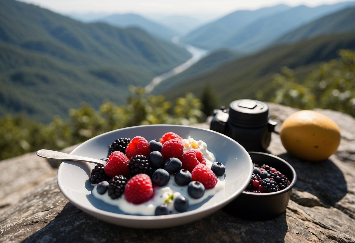 A bowl of Greek yogurt topped with fresh berries sits on a flat rock next to a backpack and hiking gear, surrounded by a scenic mountain trail