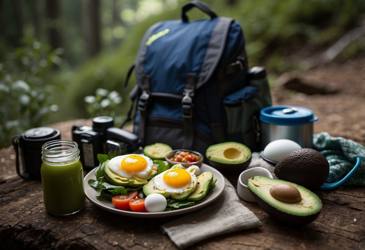 A backpacking lunch scene with hard-boiled eggs and avocado, surrounded by trail essentials like a backpack, water bottle, and hiking boots