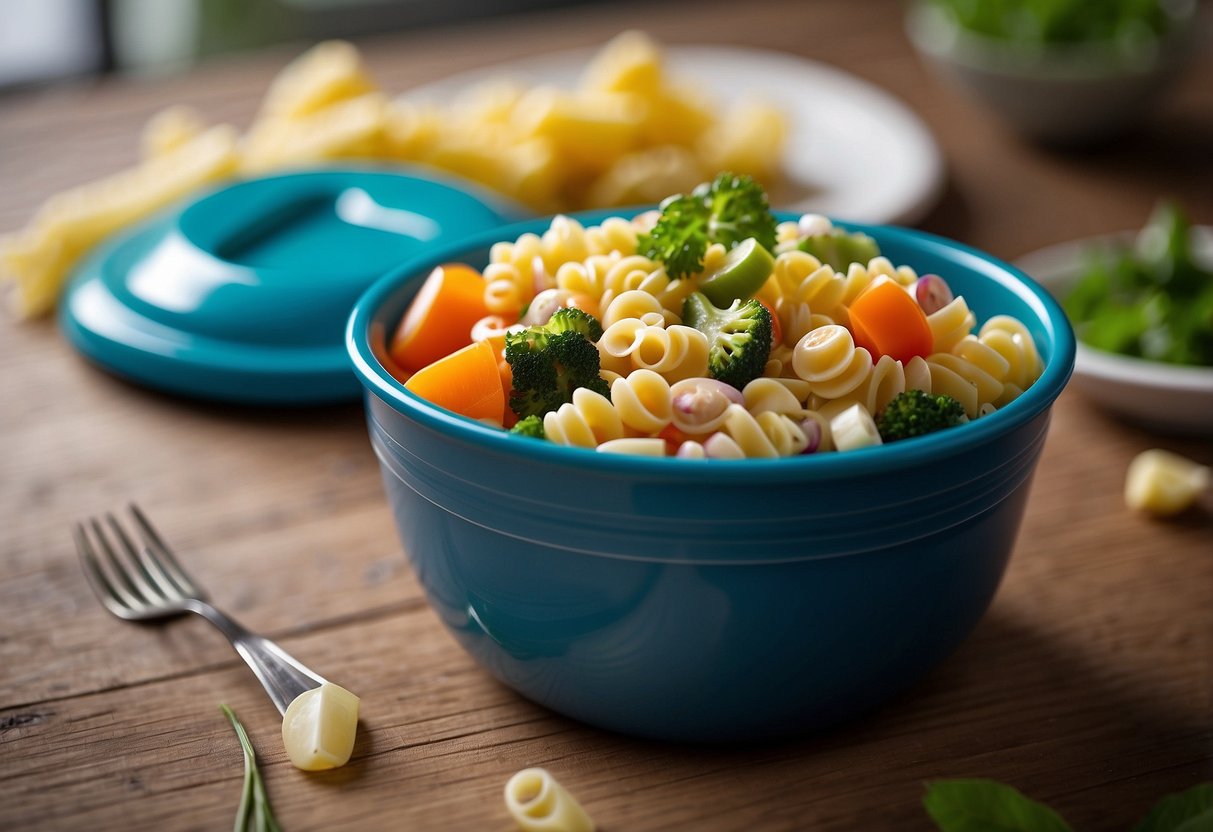 A colorful bowl of cold pasta salad surrounded by fresh vegetables and packed into a compact container for a backpacking lunch