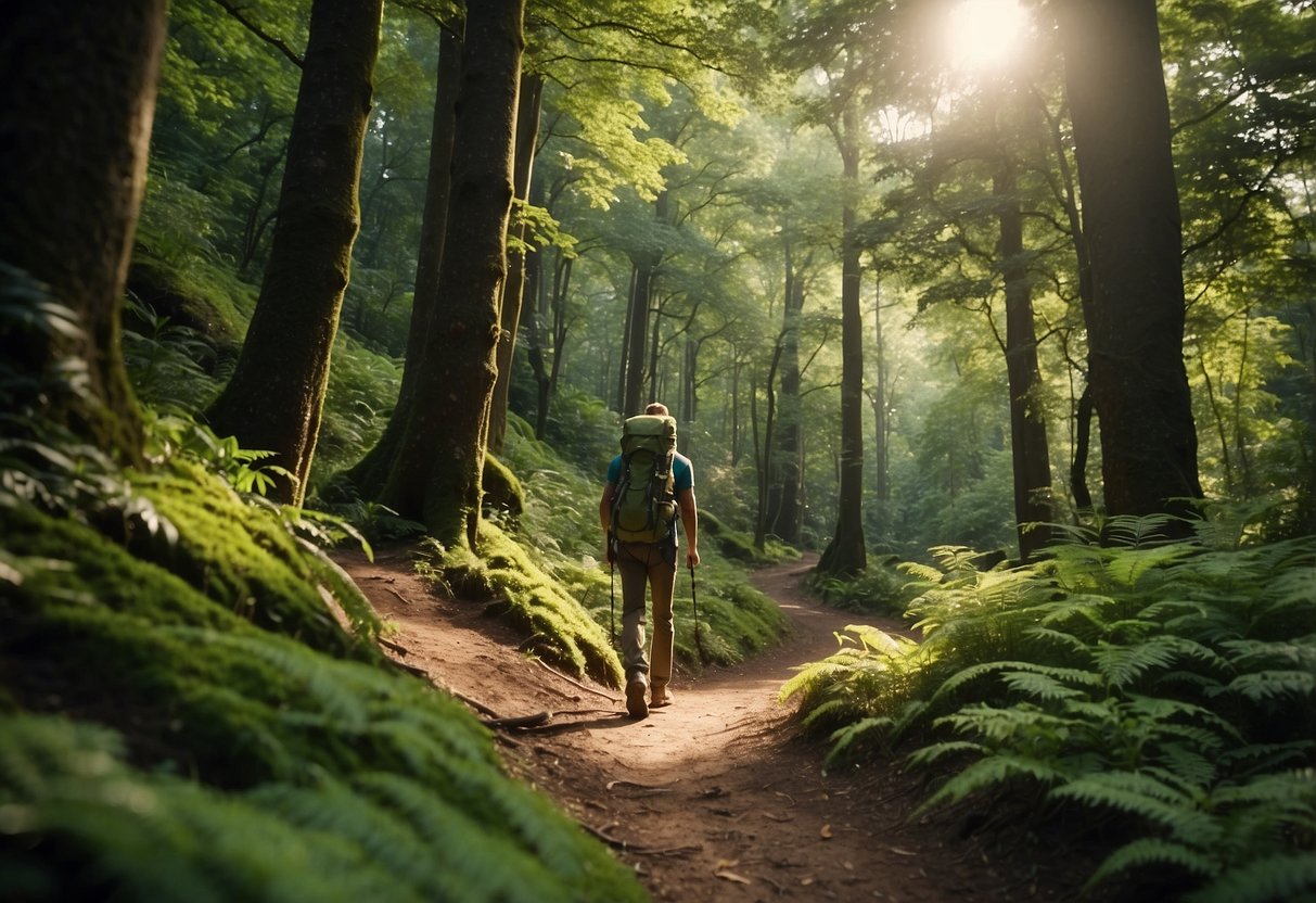 A winding trail through lush green forest, with a hiker's backpack and trekking poles resting against a tree. A map and water bottle are nearby, as the sun shines through the canopy above