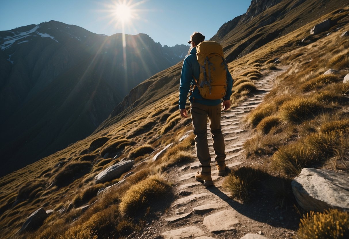 A hiker stands at the base of a steep trail, gazing up at the challenging terrain ahead. The sun is shining, casting long shadows on the rocky path. A map and compass are visible in the hiker's backpack