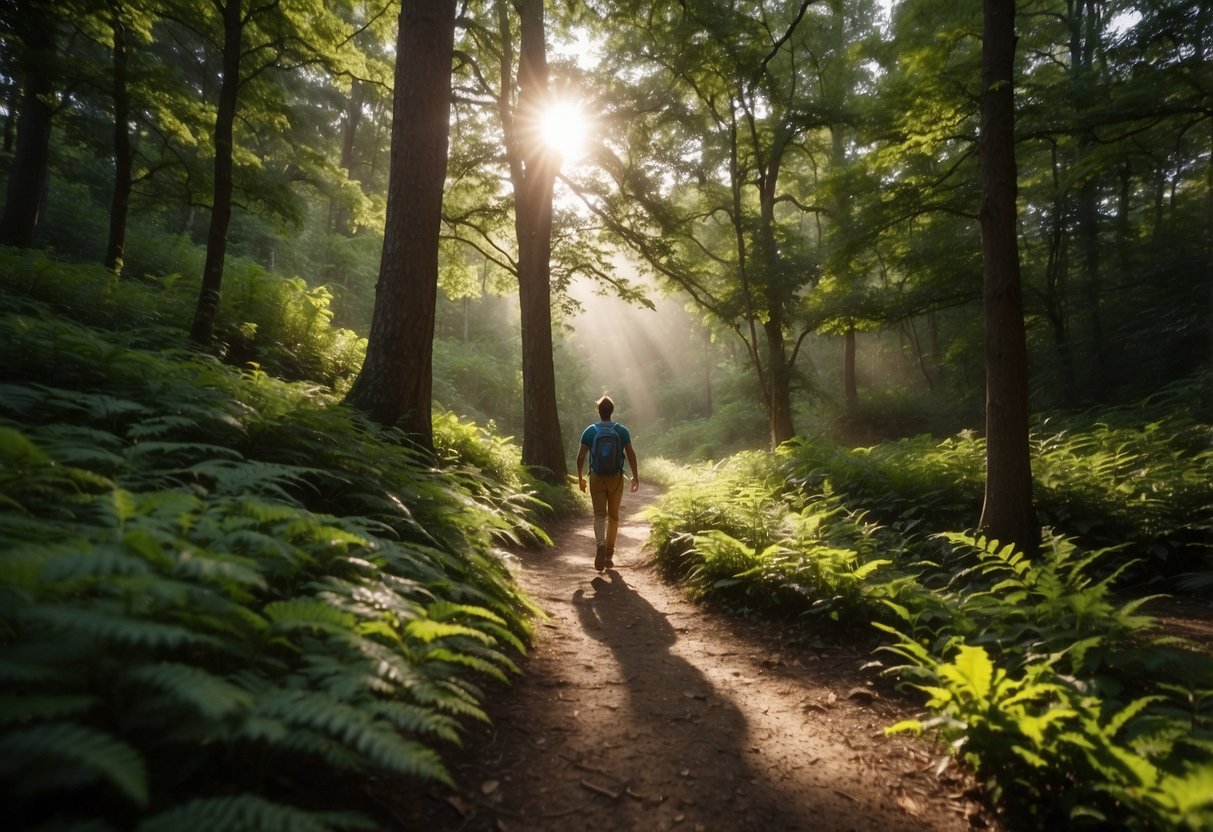 A hiker walks along a winding trail, surrounded by towering trees and lush greenery. The sun peeks through the leaves, casting dappled light on the path. A small speaker plays energizing music, keeping the hiker motivated