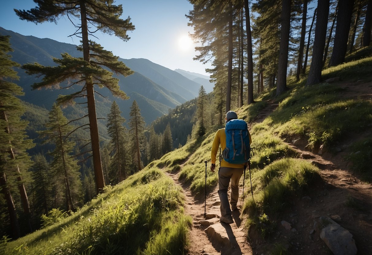 A lone hiker climbs a steep trail, surrounded by towering trees and a clear blue sky. The path winds through lush green foliage, with occasional glimpses of distant mountain peaks