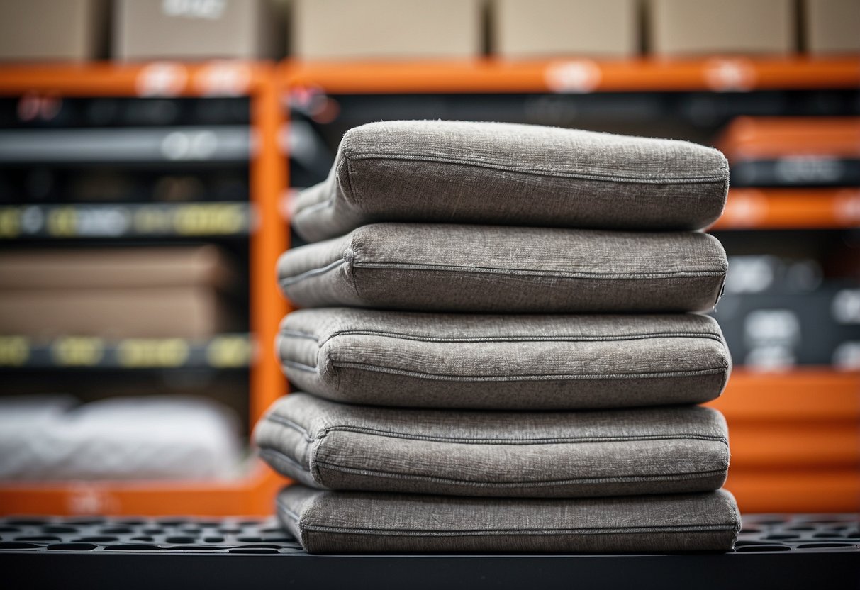 A stack of furniture pads sits on a shelf at Home Depot, surrounded by various home improvement products