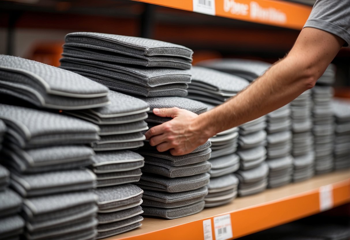 A hand reaches for a stack of furniture pads on a shelf at Home Depot, surrounded by various sizes and shapes of pads