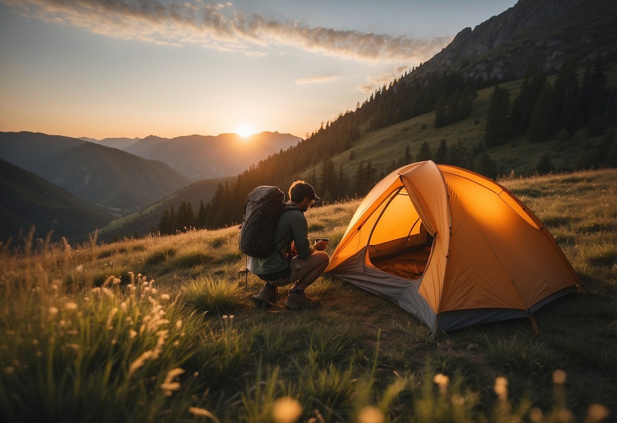 A solo backpacker sets up a lightweight tent in a serene mountain meadow at sunset. The tent is compact, easy to assemble, and provides a cozy shelter for the night