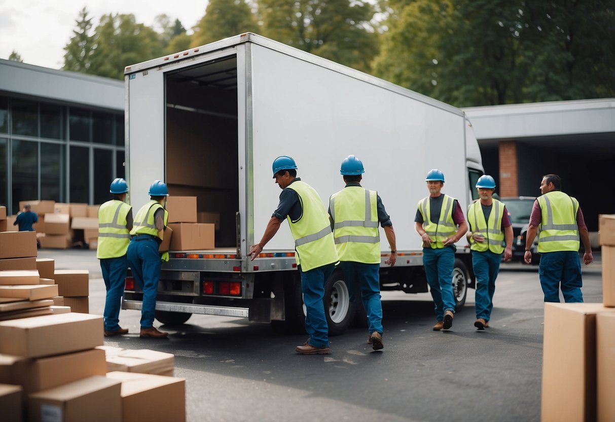 Furniture being lifted and carried by workers into a moving truck