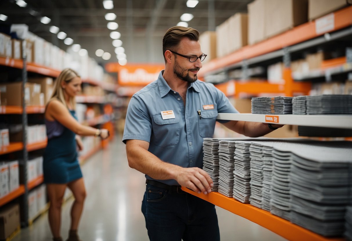 A customer selects furniture pads from a shelf at Home Depot while a support staff assists nearby