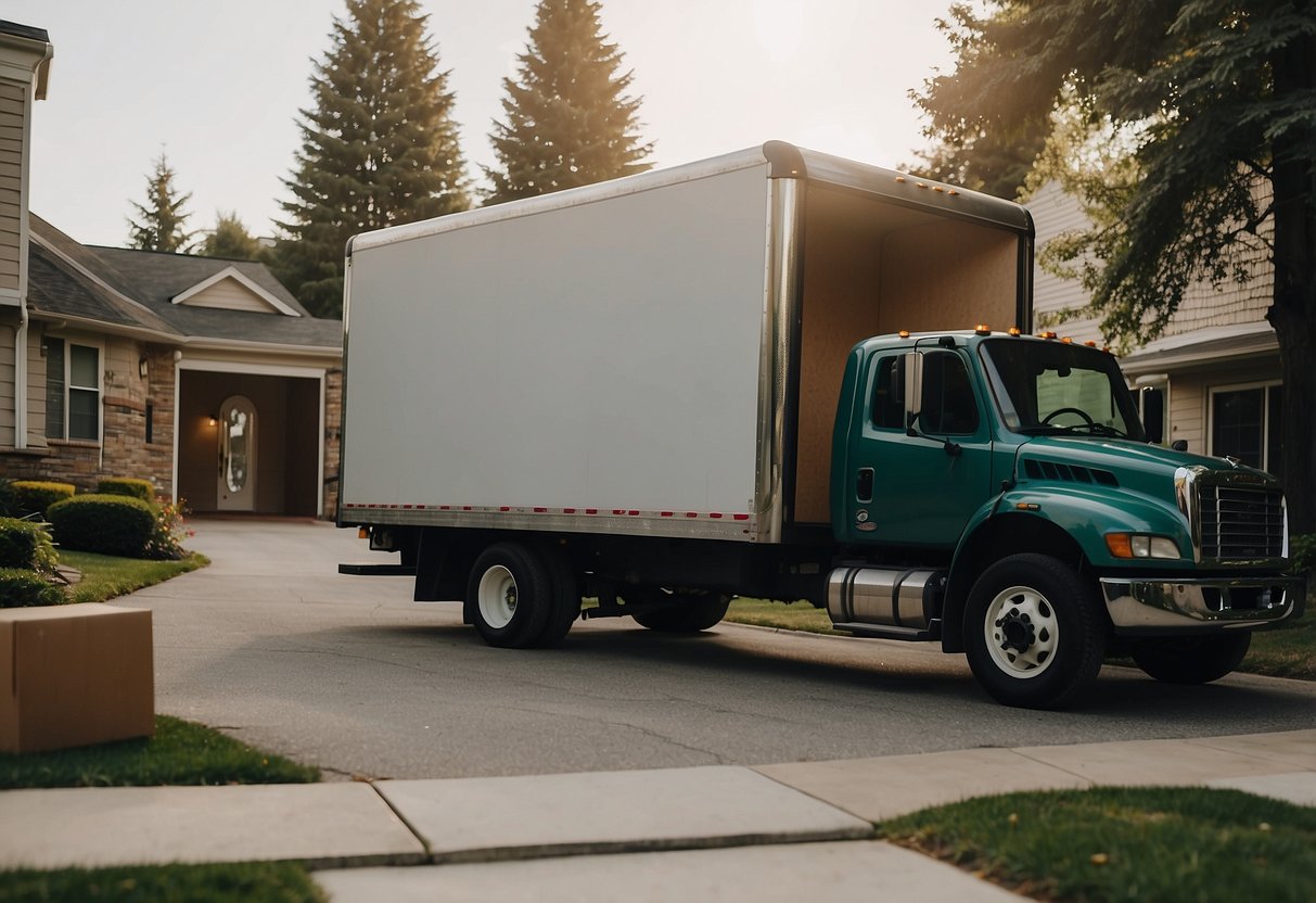 A moving truck parked in front of a house, with movers unloading furniture and carrying it into the home