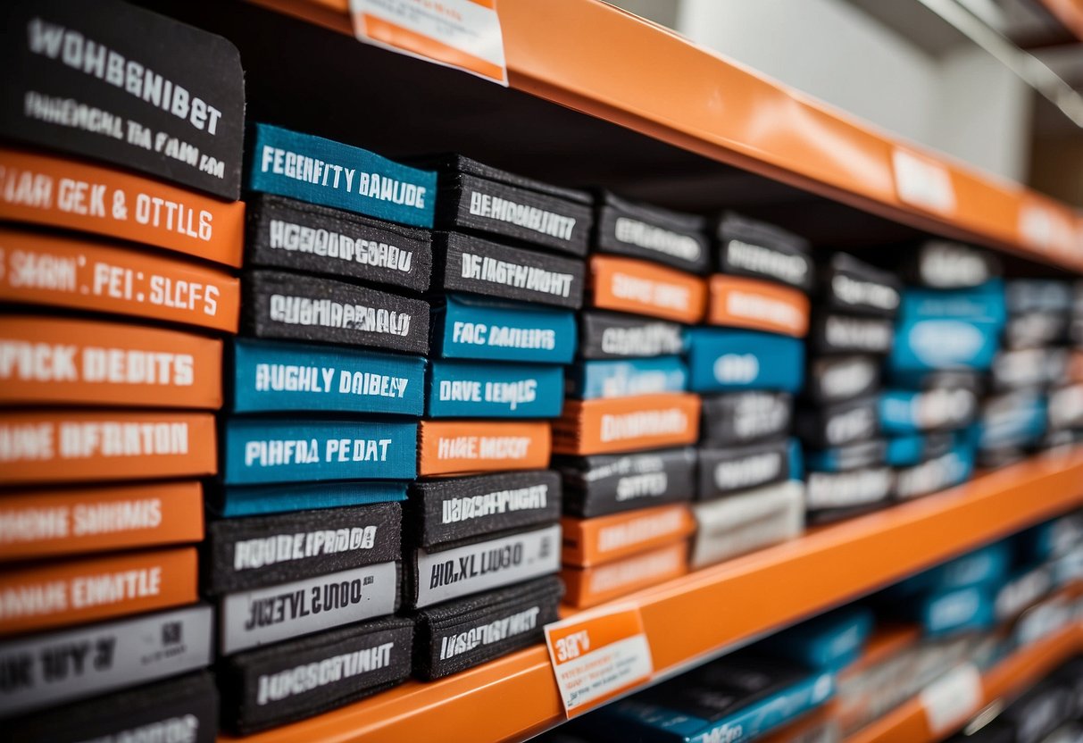 A stack of furniture pads labeled "Frequently Asked Questions" on a Home Depot shelf