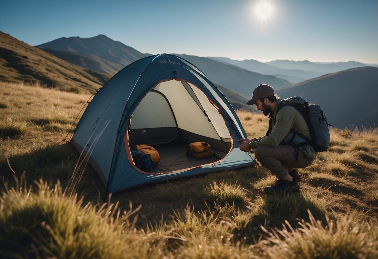 A solo backpacker setting up a lightweight tent in a serene wilderness, surrounded by rolling hills and a clear blue sky