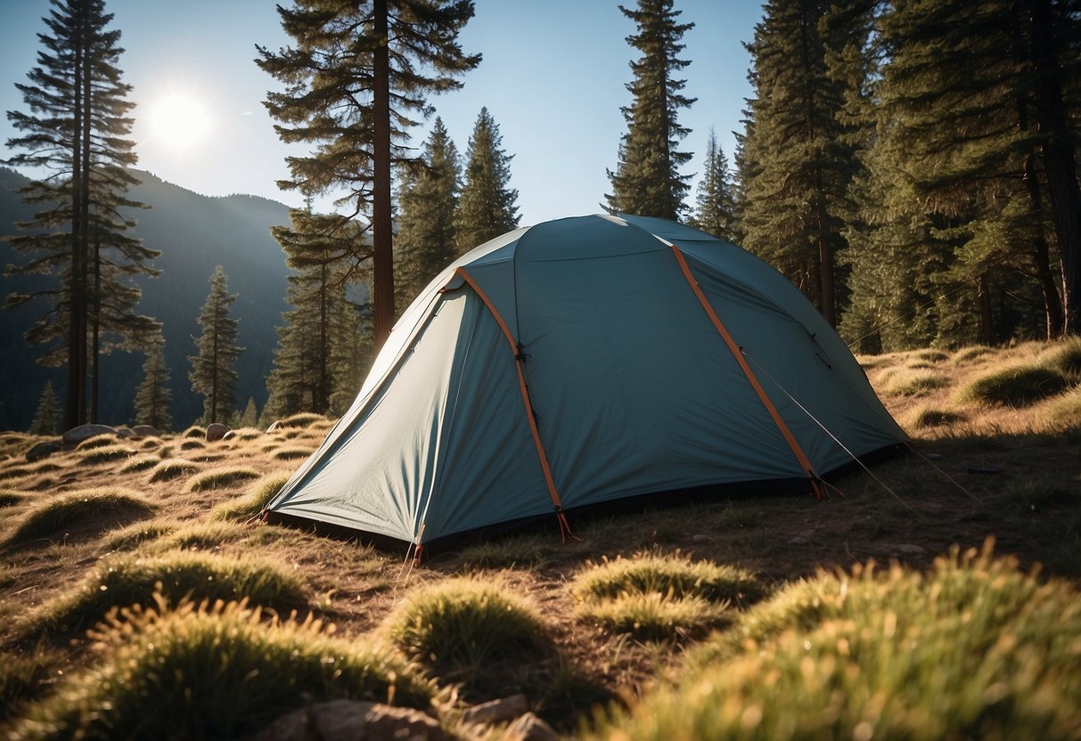 A tent pitched in a serene wilderness setting, surrounded by tall trees and a clear blue sky. The tent is well-maintained, with taut lines and secure stakes, showcasing its lightweight design for solo backpackers