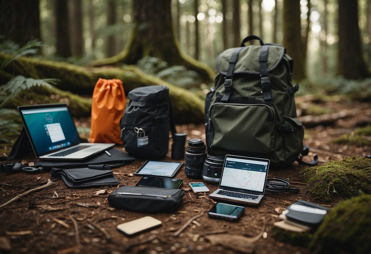 Backpack and various mobile devices scattered on a forest floor, with a map and compass nearby. A tent is pitched in the background