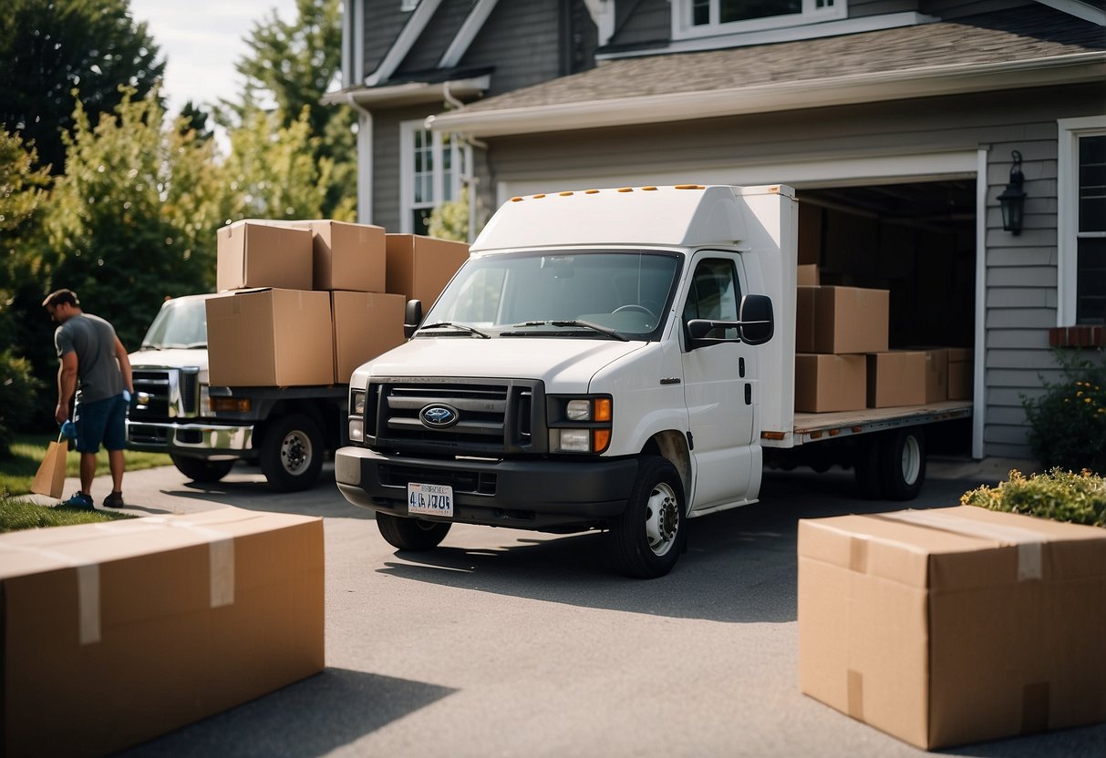 A moving truck parked in front of a house, with workers carrying boxes and furniture into the truck