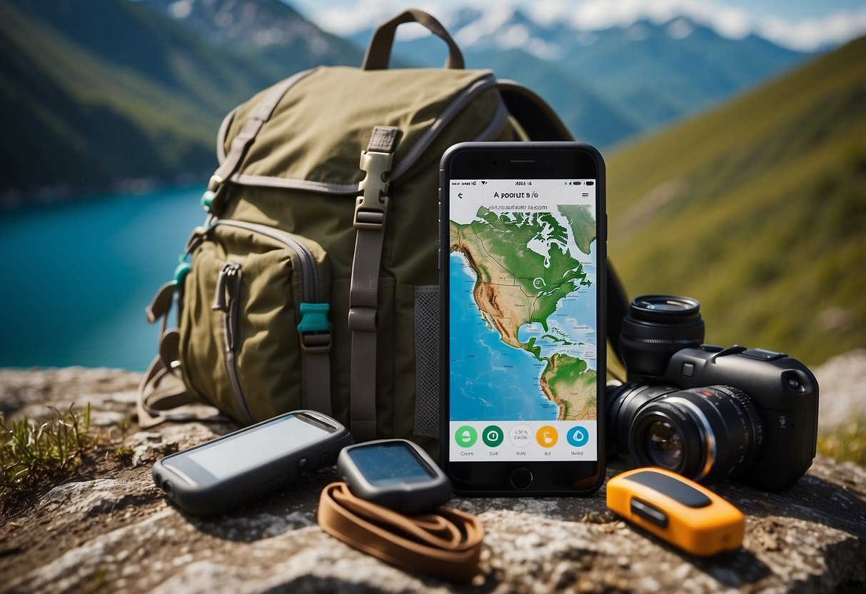 A backpack surrounded by a compass, map, smartphone, and water bottle. Icons of 10 best backpacking apps floating above