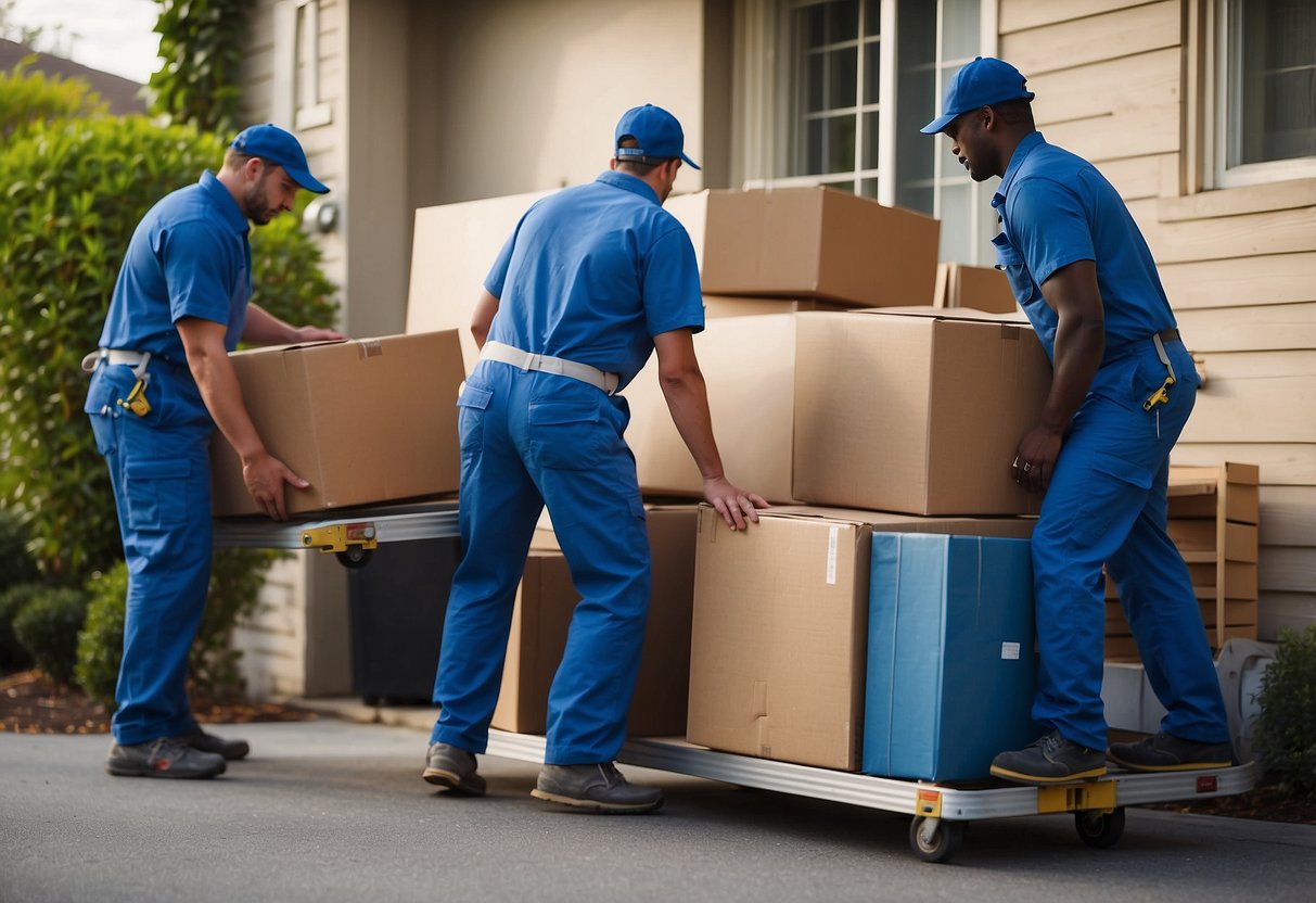A team of movers carefully transports furniture through a doorway, using dollies and straps to ensure safe and efficient handling
