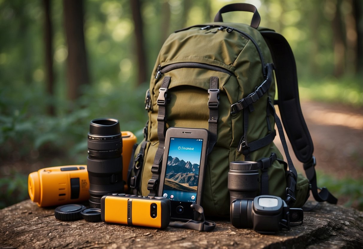 A backpack with essential survival gear, surrounded by a smartphone displaying various outdoor apps