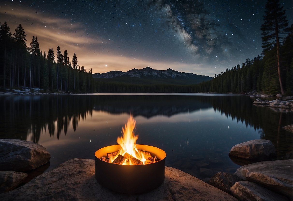 A serene lakeside surrounded by tall pine trees, with a clear view of the starry night sky. A crackling campfire sits in the center, casting a warm glow on the surrounding area