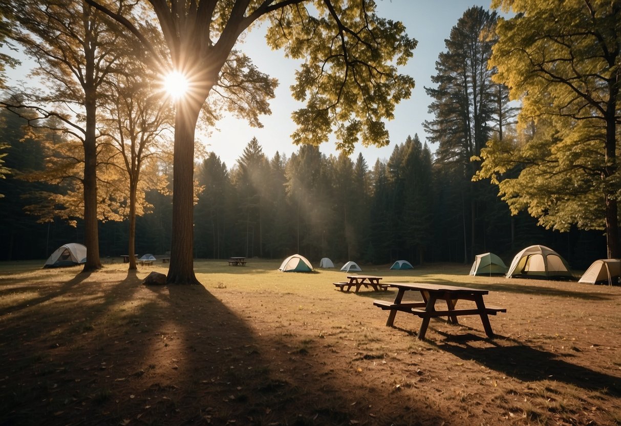 A serene campsite with a flat, open ground surrounded by tall trees and a clear view of the sky. A gentle breeze rustles the leaves, and the sun casts a warm glow over the peaceful scene