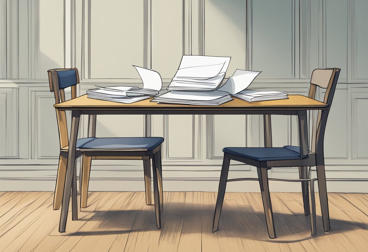 A table with two chairs facing each other, a stack of papers, and a pen. One chair slightly pulled back, suggesting recent use