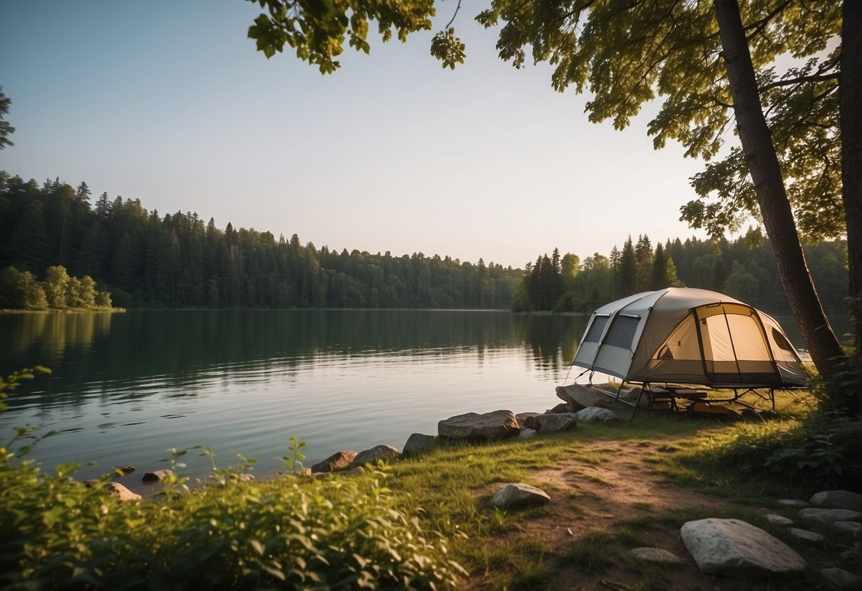 A serene campsite nestled near a glistening body of water, surrounded by lush greenery and tall trees. A clear view of the water and easy access for activities