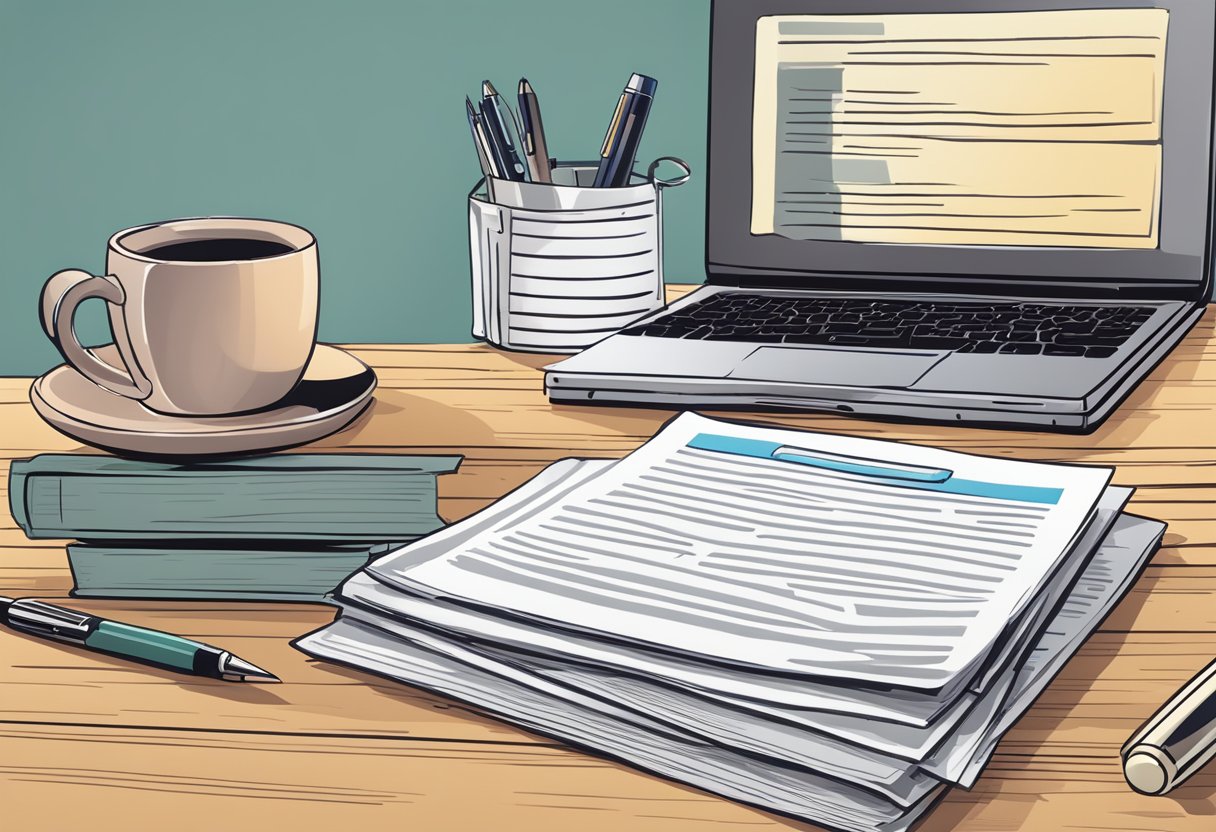 A table with a stack of maintenance contracts, a pen, and a laptop displaying legal terms and conditions