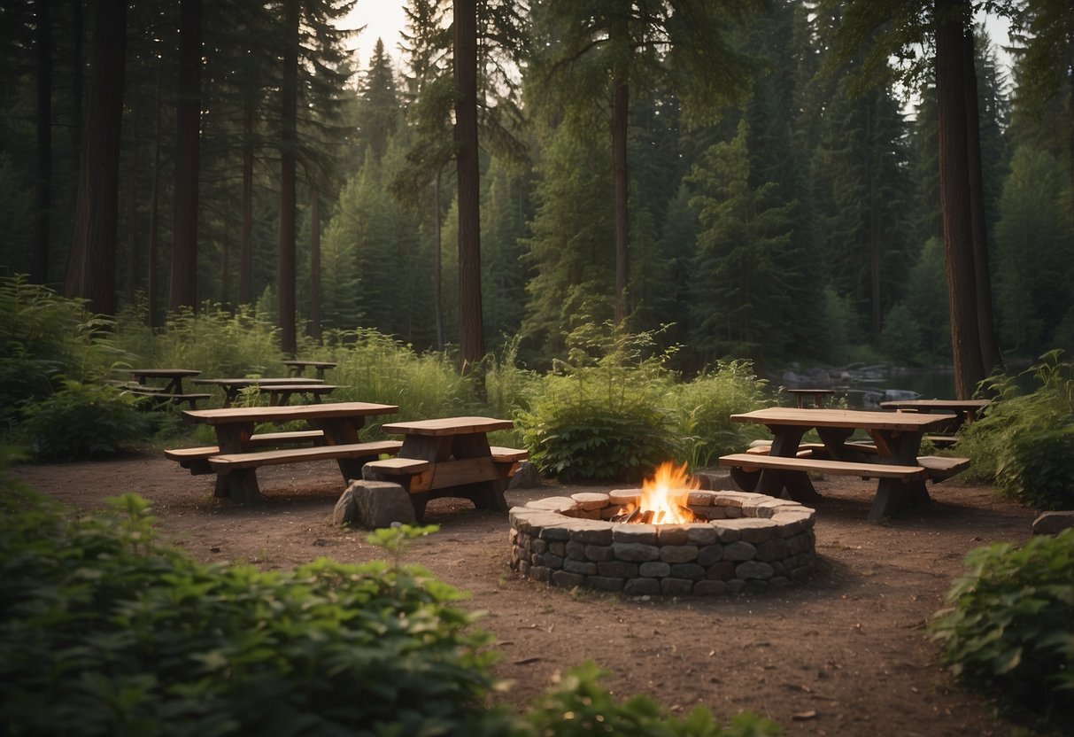 A serene campsite with a crackling fire pit, picnic tables, and a nearby water source. Surrounded by tall trees and lush greenery, the site offers a peaceful and picturesque setting for outdoor enthusiasts