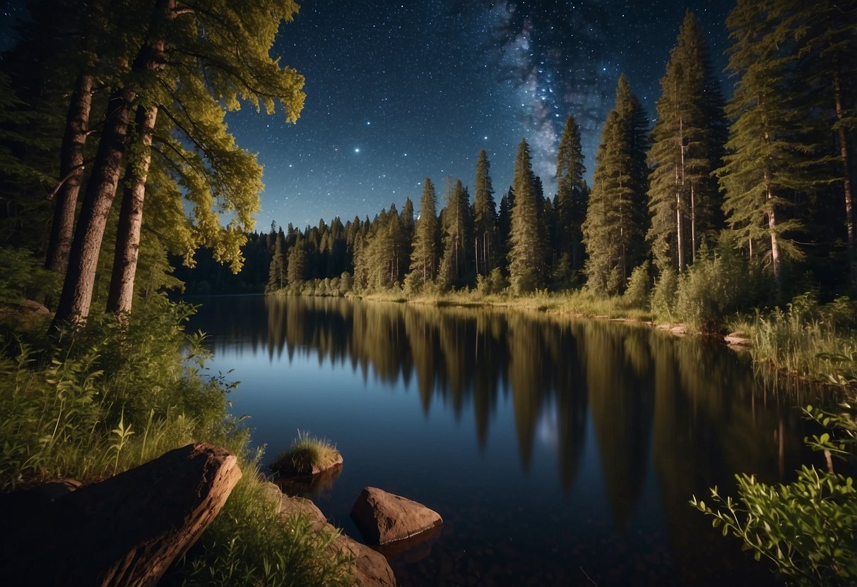 Lush forest with diverse wildlife, colorful birds, and tranquil river. Campsite nestled among tall trees with a clear view of the starry night sky