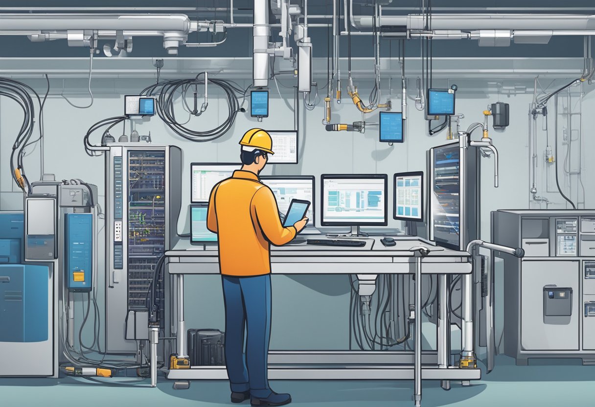 A technician uses a tablet to remotely monitor and diagnose equipment. A network of connected devices and sensors stream data to the tablet, allowing the technician to efficiently manage maintenance contracts