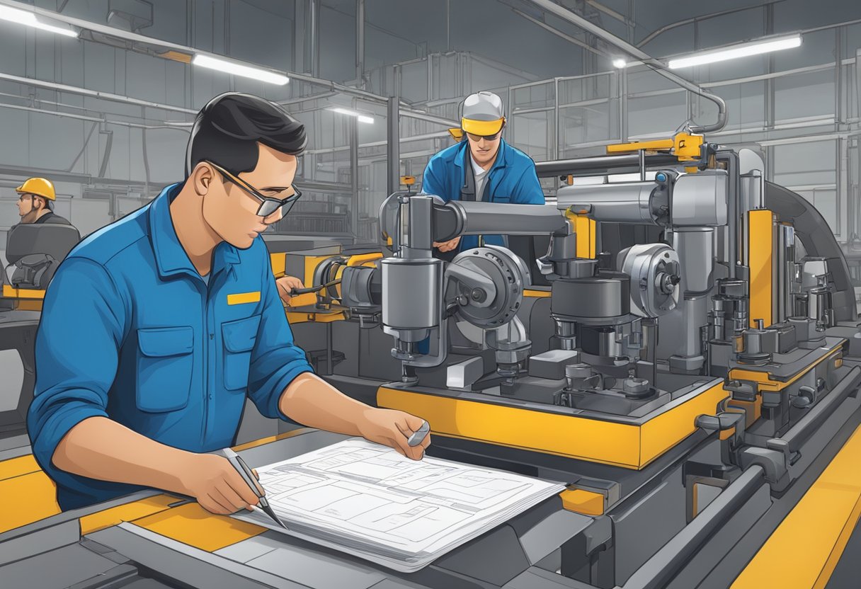 A technician inspects machinery with a checklist and tools in hand, while a supervisor oversees the process