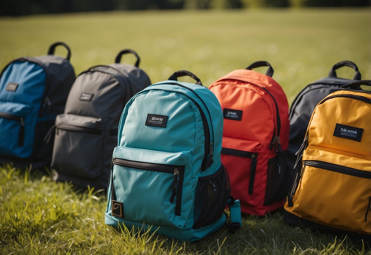 Five stylish, colorful backpacks arranged on a sunny, grassy meadow. Each bag is open, revealing spacious compartments and adjustable straps