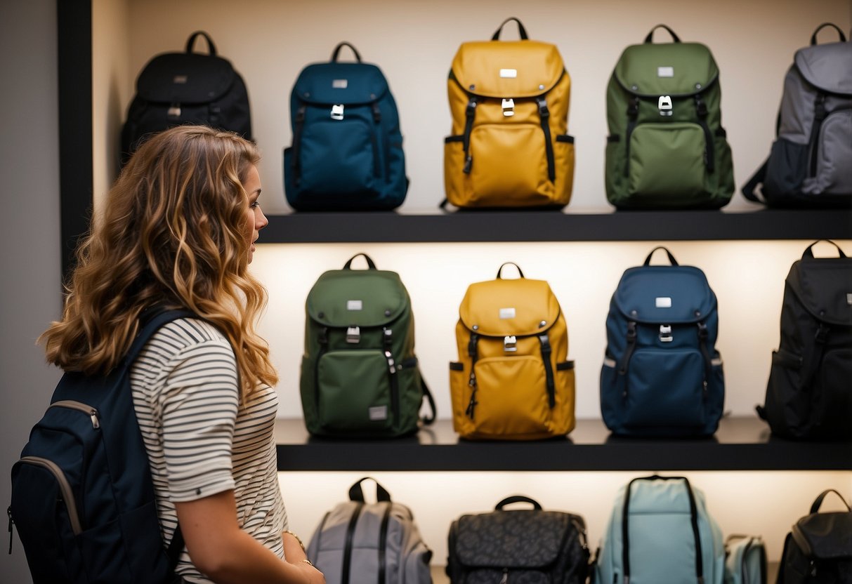 A woman standing in front of a display of lightweight backpacks, comparing their features and considering factors like size, weight, and comfort