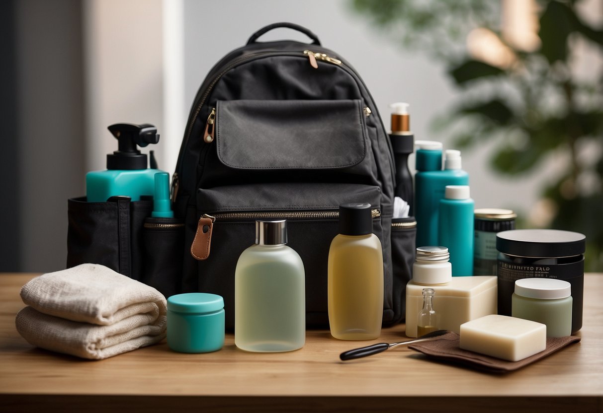 A table with backpacks and care items: brush, soap, and repair kit. Labels show "Lightweight Backpacks for Women"