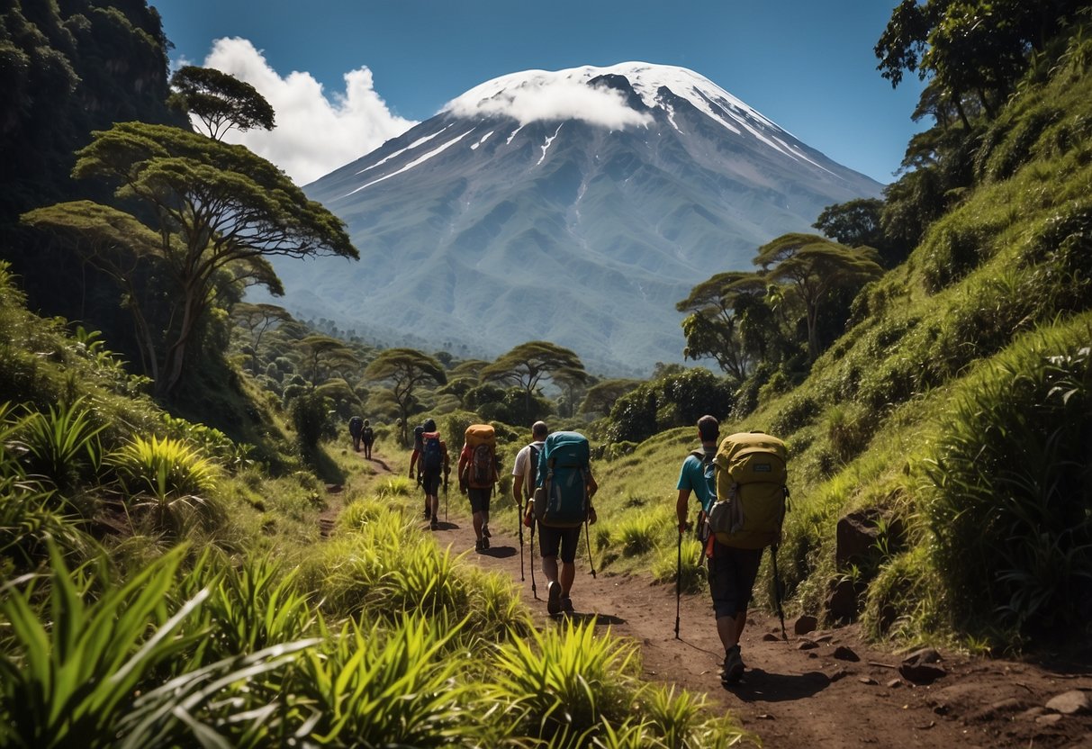 A group of backpackers trek through lush Indonesian mountains towards the towering peak of Kilimanjaro. The landscape is dotted with vibrant flora and cascading waterfalls, creating a picturesque scene for a potential illustration