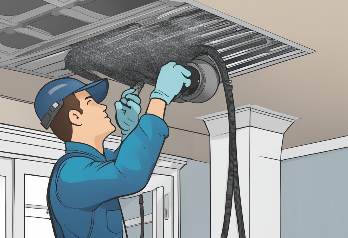 A technician inserts a high-powered vacuum into a residential air duct, removing dust and debris. Brushes and air whips dislodge stubborn particles, while a powerful air compressor flushes out remaining contaminants