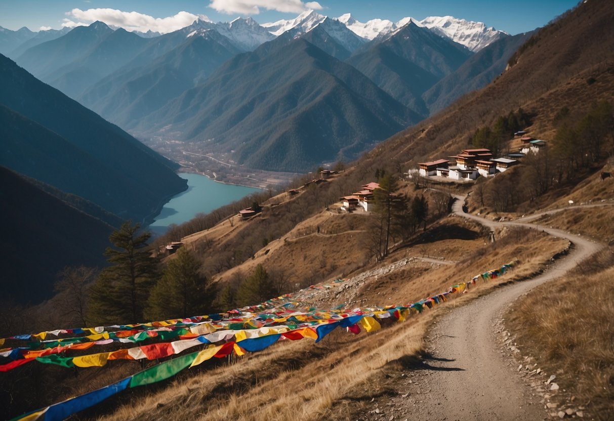 A winding trail through the snow-capped peaks of Bhutan, with colorful prayer flags fluttering in the wind and a serene mountain lake nestled in the valley below