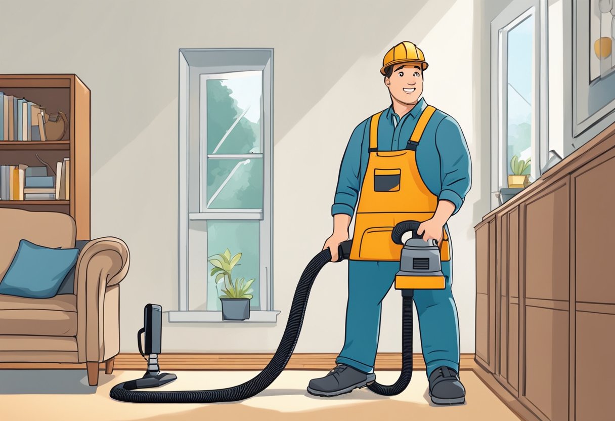 A technician stands in a living room, holding a vacuum hose near a vent. Furniture is moved to access vents. A ladder leans against a wall