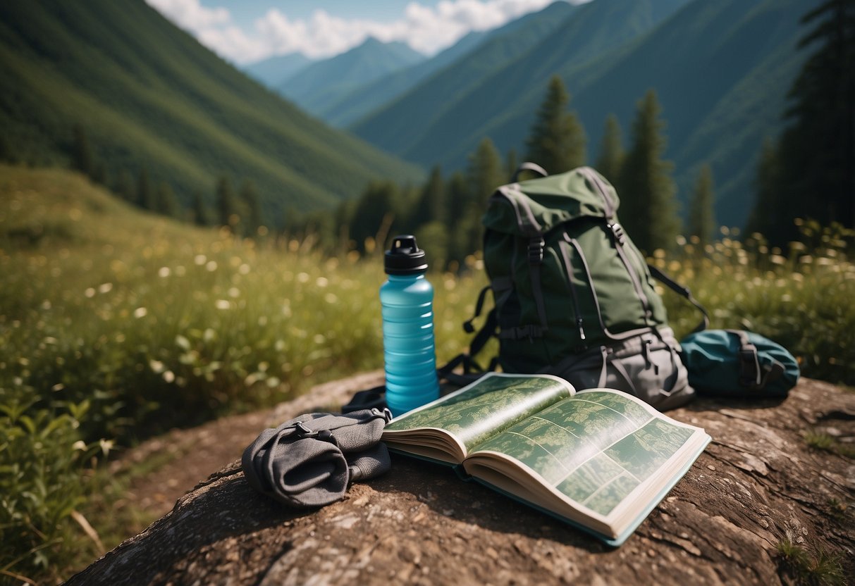 A backpack, hiking boots, map, and water bottle lay on a trail with mountains and lush greenery in the background