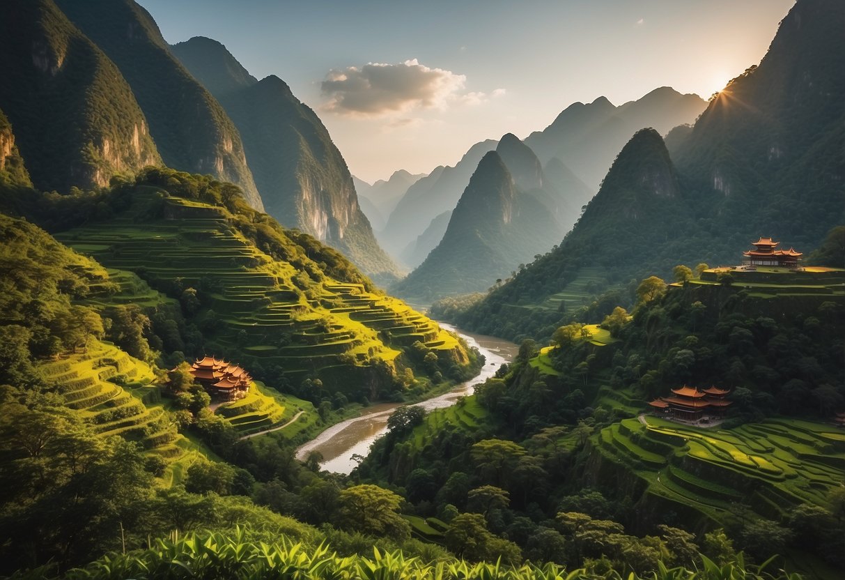 Lush green mountains, winding rivers, and colorful temples dot the landscape along 10 scenic backpacking routes in Asia. The sun casts a warm glow over the serene, tranquil scenery, making it the perfect time to visit