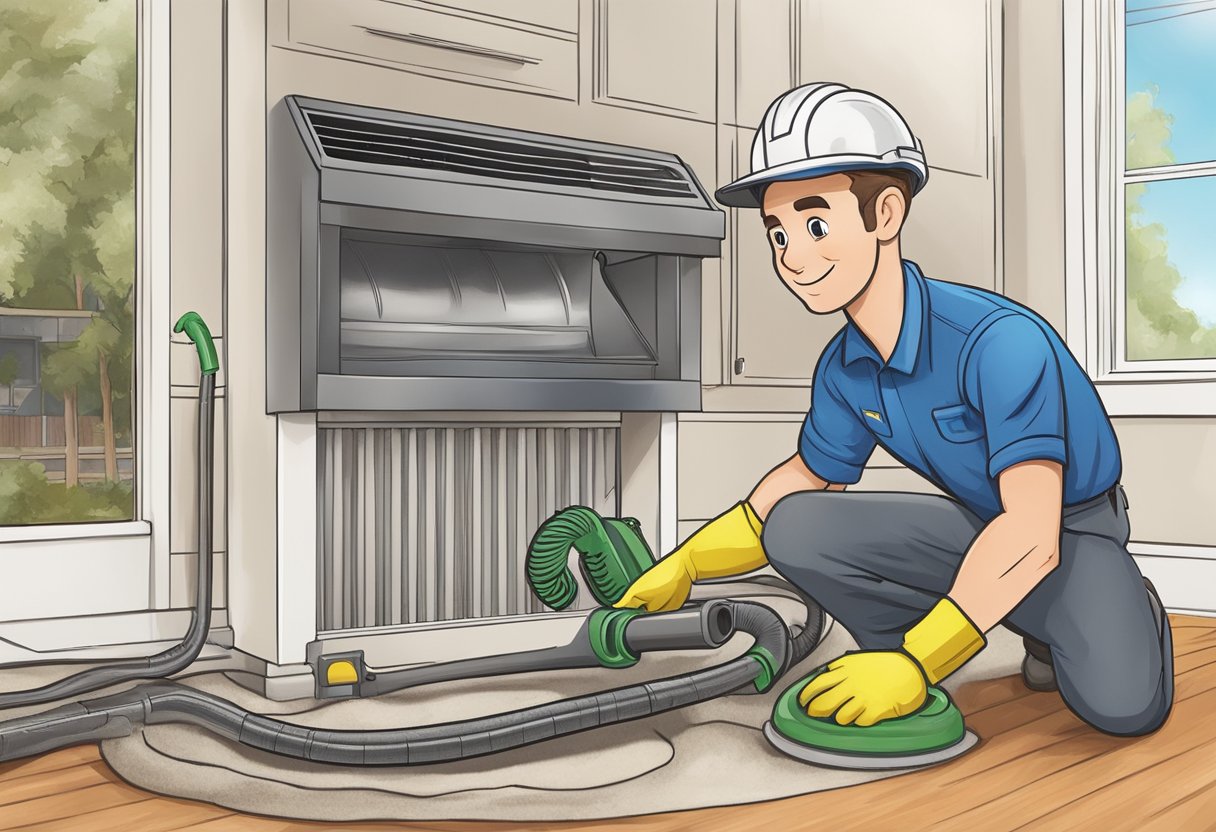 A technician in a uniform uses a powerful vacuum to clean dust and debris from a residential air duct system in Knoxville, TN