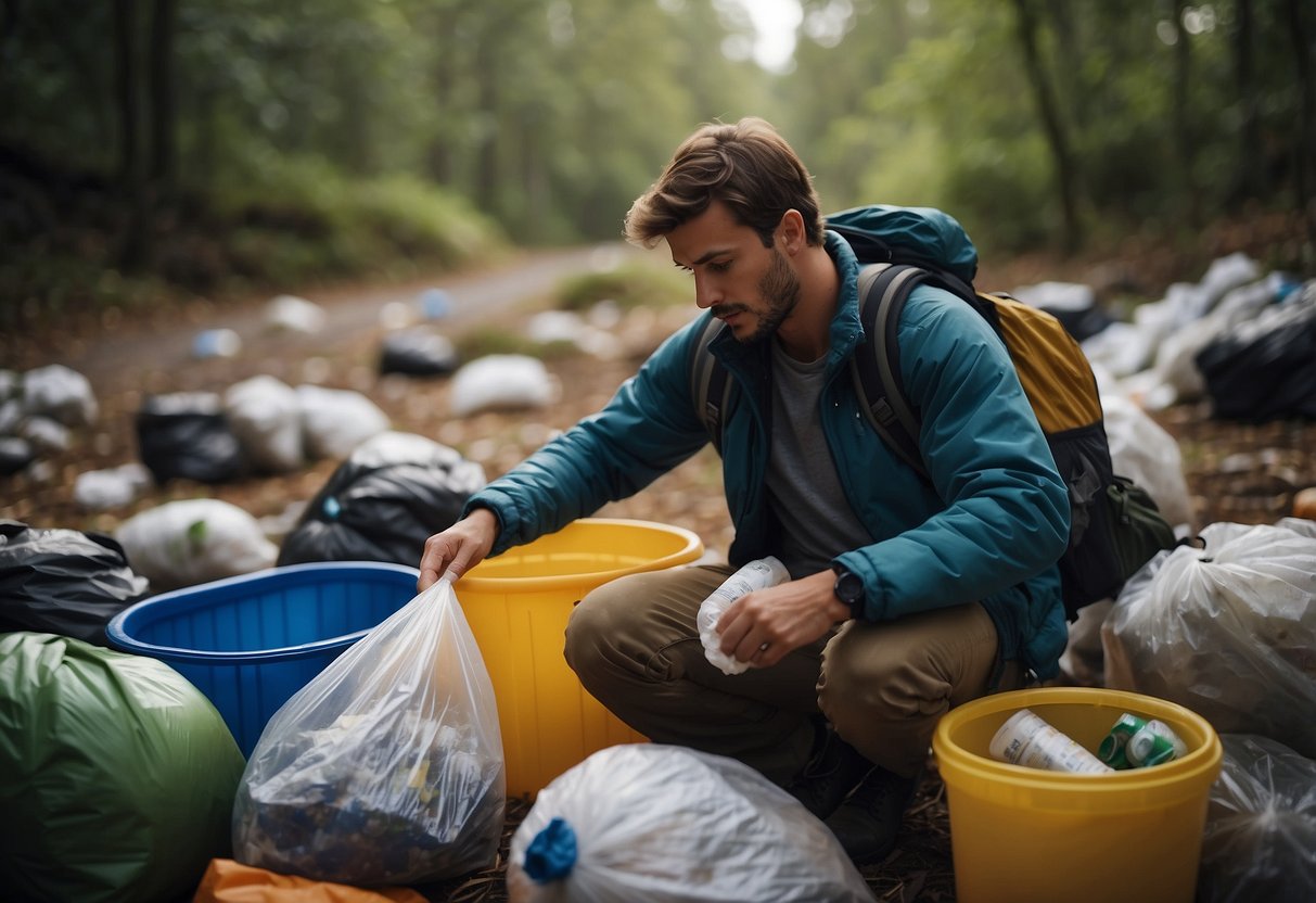 A backpacker carefully separates recyclables from trash, using reusable containers and minimizing packaging waste. They pack out all waste and leave no trace behind