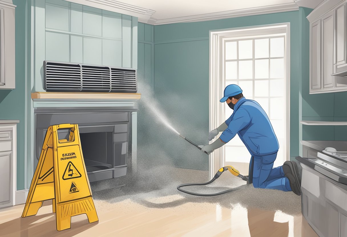 A technician uses specialized equipment to clean air ducts in a well-lit residential space, with dust and debris being removed from the ducts