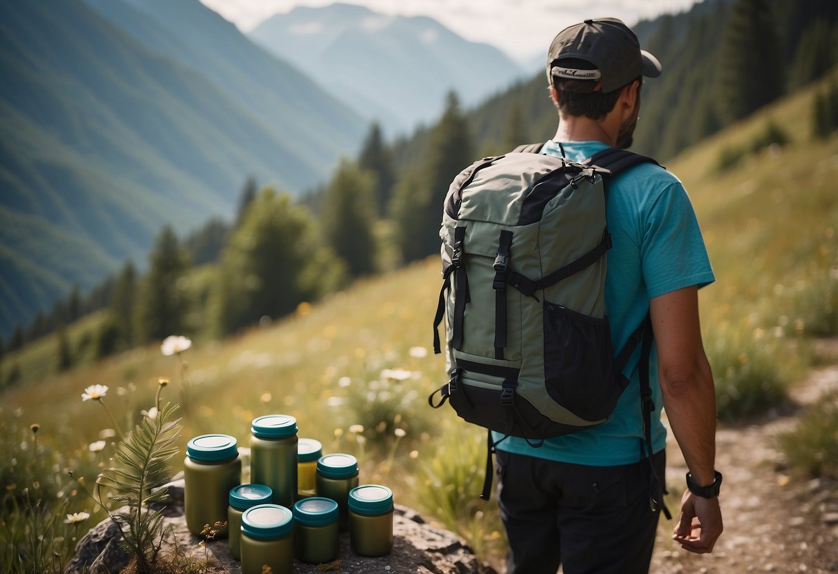 A backpacker placing reusable containers in a backpack, surrounded by nature and mountains