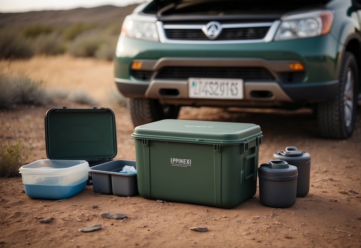 A portable camp sink sits on the ground surrounded by backpacking gear. Trash bags and recycling bins are nearby